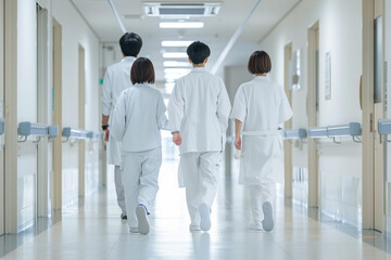 Healthcare professionals walking down hospital corridor, back view