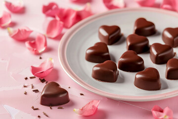 Heart shaped chocolate candies on a plate with pink rose petals for Valentine's Day