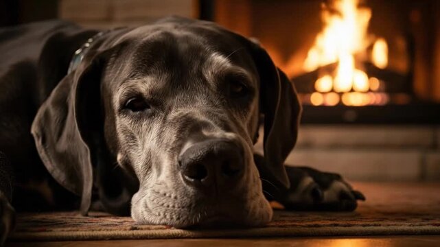 Old Great Dane dog sleeping on rug by fireplace