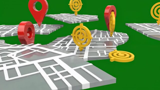 Isolated abstract city map sections and planning markers rotating and floating on a bright green screen background for easy keying clean background, global strategy, geometric forms