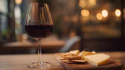 Naklejka premium Elegant wine glass and cheese board evoke cozy restaurant ambiance and refined taste experiences