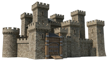Medieval castle with towers and gate, isolated on white background