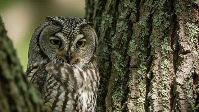 Owl camouflaged on tree bark opening its eye