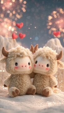 Dos tiernos bueyes de peluche se abrazan bajo una lluvia de corazones rojos.