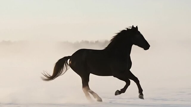 Black stallion gallops through ground mist in cinematic slow motion