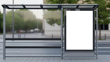 Modern glass bus stop shelter with blank advertisement panel.
