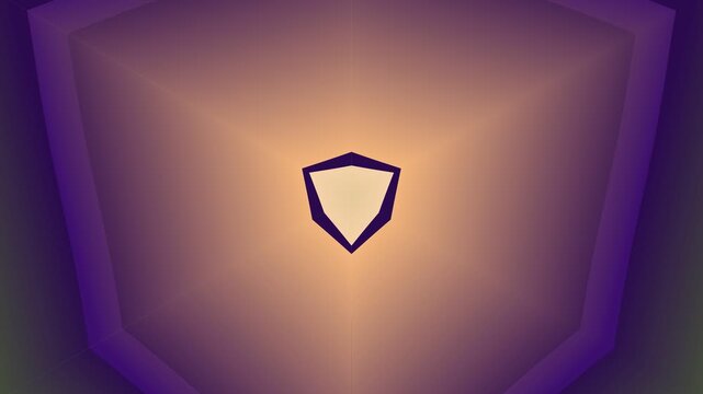 Abstract geometric design featuring a luminous central shield shape, emanating a radiant glow within a dynamic purple and orange gradient field