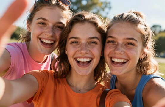 Tres amigas disfrutando de un d&iacute;a soleado en el parque.