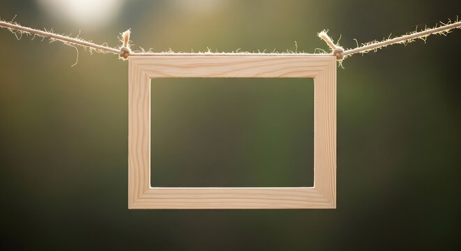 Empty wooden frame hanging on a rope against a blurred green background, mockup for photo or art