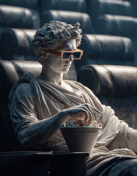 Una estatua de m&aacute;rmol de un dios griego disfrutando de palomitas en una sala de cine.