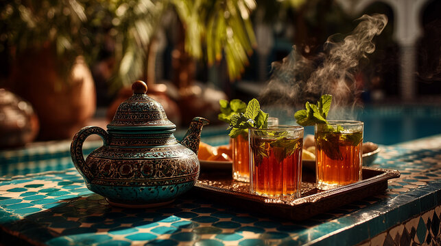 Traditional Moroccan mint tea served in a Riad courtyard