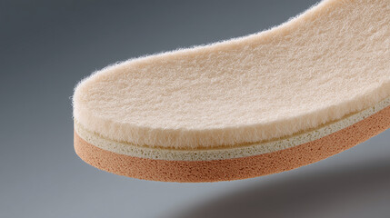 Cross section of a multilayer orthotic insole showing textile and cushioning layers product presentation.
