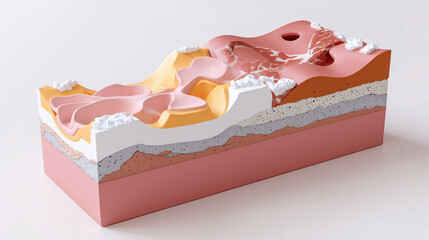 Anatomical cross section model of skin showing epidermis dermis and subcutaneous layers educational mockup.