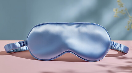 Blue silk sleep mask on a pastel pad product presentation for retail and advertising use.