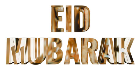 EID Mubarak golden text 3d dispersion glass text render, islamic text typography isolated