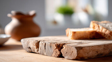 Still life with a wooden cutting board pieces of bread and ceramic tableware warm kitchen styling for food or interior shoots.

