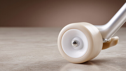 Close up of a plastic furniture caster on a light tabletop emphasizing construction and hardware.