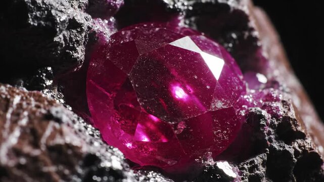 Intense red ruby crystal embedded in dark rock matrix. Precious gemstone close-up revealing natural mineral facets and geological formation in earth