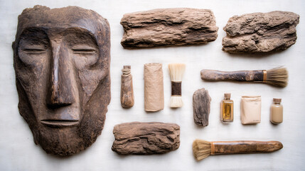 Collage of natural materials and a carved wooden face forming a kit for an art project or ethnographic composition with organic textures.
