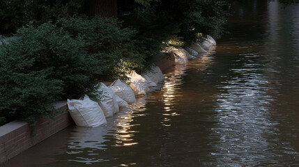 Night view of a river with rows of sandbags along the bank lit by lights creating an atmosphere of response and flood control.
