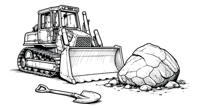 Hand drawn line art illustration of a bulldozer depicting excavation work with a large rock for construction themes