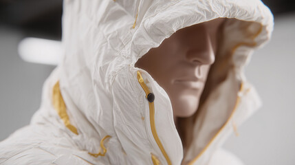 Mannequin in a white quilted hooded jacket showing silhouette and insulation texture