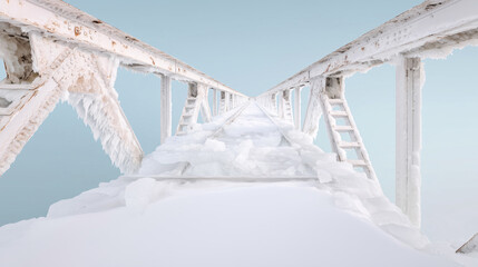 Frozen metal staircase or structure perspective of winter relief hazardous ice covering