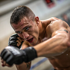 A dynamic action shot featuring male athlete in a boxing stance