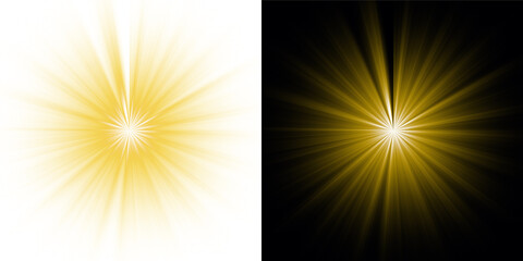 Obraz premium PNG Glowing Yellow Sunburst Light Flare, yellow sun rays burst effect, light sparkle, shiny starlight glow. Abstract Star Effect