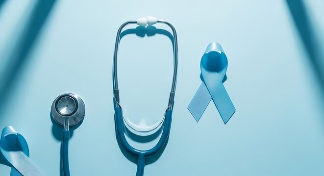 Dental instruments and awareness ribbon on a reflective surface