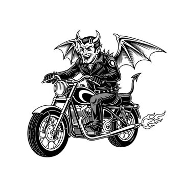 Devil Biker Riding Motorcycle with Flames and Wings.