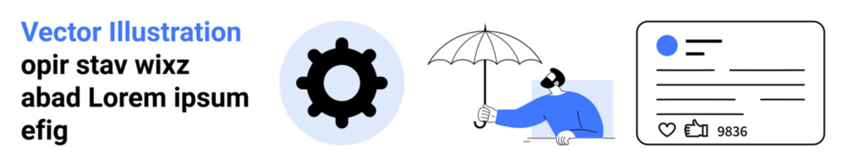 Fototapeta premium Data security, online privacy, social media management, identity protection, cybersecurity, risk mitigation. Gear and umbrella with a person near a user profile. Data security and online privacy