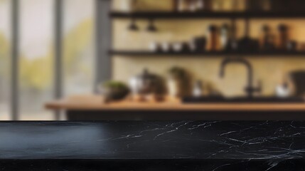 Obraz premium Elegant black marble tabletop display showcasing warm kitchen details a serene product presentation