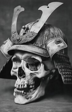 Cr&aacute;neo de samurai con armadura, simbolizando la mortalidad y el honor.