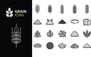 Grain icons set featuring wheat cereal flour bread and seeds, clean outline style food agriculture symbols for packaging branding ui design projects vector collection