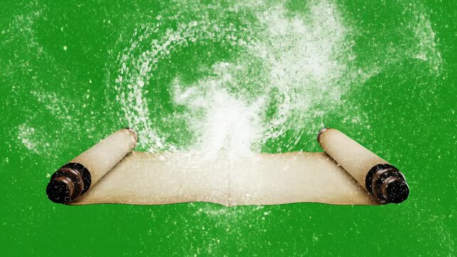 Isolated antique scroll object rapidly opening and releasing a swirling cloud of ethereal white data particles against a solid bright green screen background stock footage, releasing, magic