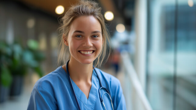 Faceless Caucasian healthcare student standing in hospital during training, wearing scrubs and stethoscope, medical education, clinical learning, defocused corridor, with copy spac