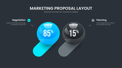 Creative Plan Slide Design Vector Illustration. Advertising Insight 2 Element Graph Frame Layout. Minimal Showcase Two Option Chart Presentation Template.