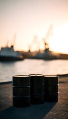 Fototapeta premium Sunset harbor barrels evoke industrial beauty with warm light reflecting on metal surfaces