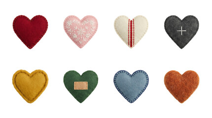 Obraz premium Felt heart set including embroidered, stitched, patched, and striped decorative ornaments isolated. Handmade textile craft and valentines day collection.