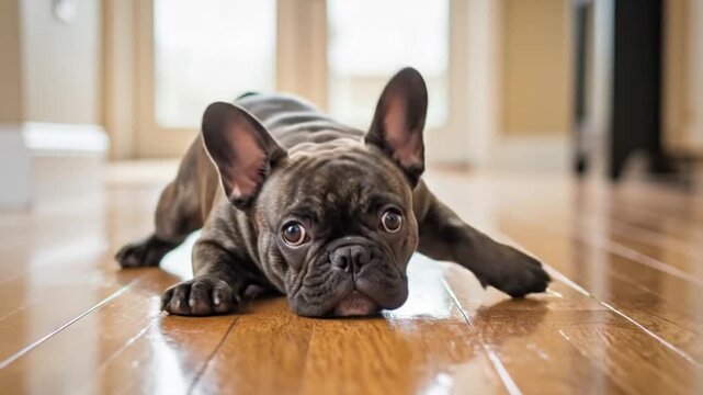 French Bulldog puppy sliding and falling on slick wooden floor