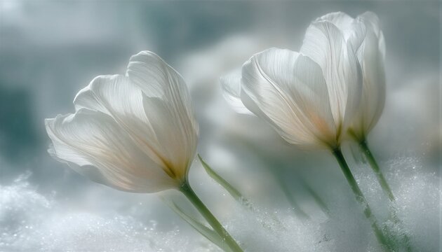 Dos tulipanes blancos emergen de la nieve, capturando la belleza ef&iacute;mera del invierno.