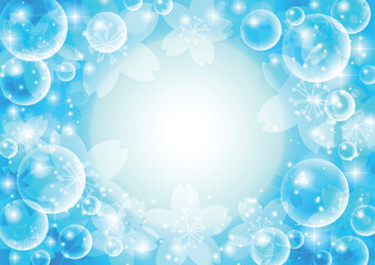 桜シャボン背景、水色、かわいい、イラスト