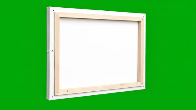 Canvas on Display: The reverse side of a stretched canvas, revealing the wooden frame and staples, is set against a vibrant green background.