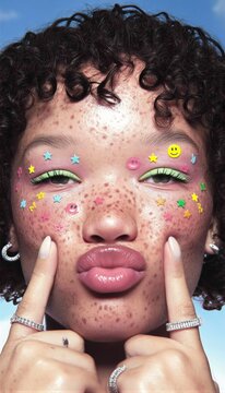 Retrato de una joven con maquillaje creativo y expresi&oacute;n juguetona.