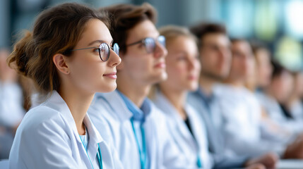 Fototapeta premium Faceless group of young doctors students wearing white lab coat sitting and listening to lecture in conference room, medicine science new treatment methods, defocused people, with 