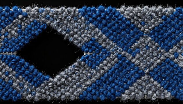 Un primer plano de un tejido trenzado con hilos azules y grises, creando un patr&oacute;n geom&eacute;trico.