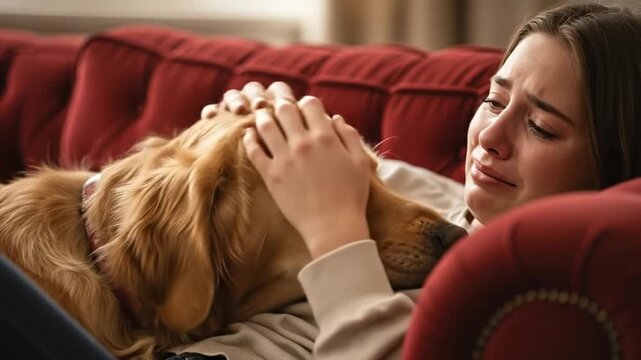 Golden Retriever Nuzzling Crying Teenager on Sofa