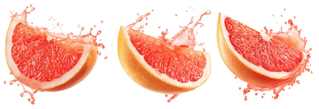 grapefruit slices with splash, isolated on white background.