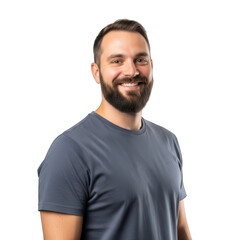 Man wearing blue t-shirt for fashion and apparel branding, isolated on white background